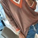  Contrast Striped Trim V Neck Varsity Light Sweater | S-XL