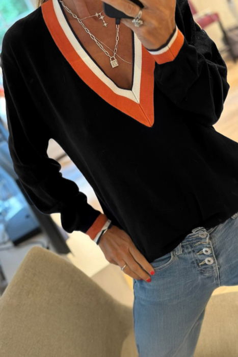 Contrast Striped Trim V Neck Varsity Light Sweater | S-XL