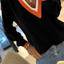  Contrast Striped Trim V Neck Varsity Light Sweater | S-XL