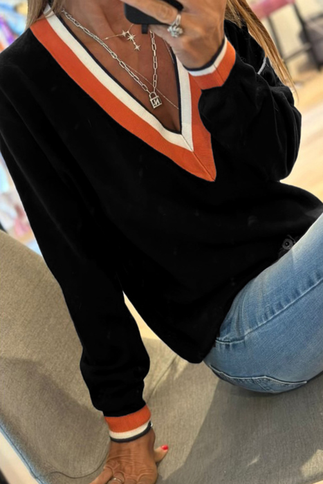 Contrast Striped Trim V Neck Varsity Light Sweater | S-XL