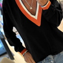  Contrast Striped Trim V Neck Varsity Light Sweater | S-XL