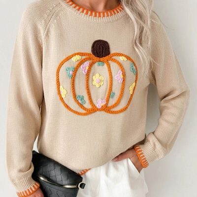 Pumpkin Embroidered Long Sleeve Sweater | S-XL