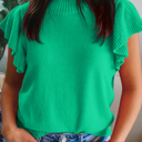  Solid Ribbed Trim Ruffle Short Sleeve Sweater | S-XL