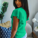  Solid Ribbed Trim Ruffle Short Sleeve Sweater | S-XL