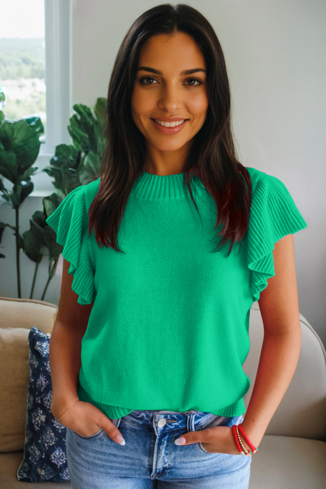 Solid Ribbed Trim Ruffle Short Sleeve Sweater | S-XL