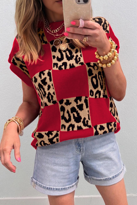 Checkerboard Short Sleeve Knit Sweater | S-XL