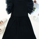  Dotty Mesh Ruffle Sleeve Ribbed Knit Babydoll Mini Dress