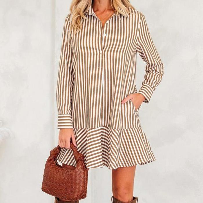 Striped Ruffle Hem Collared Mini Dress | S-XL