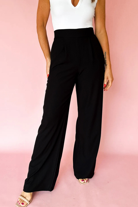 Pull On Pleated Detail High Elastic Waist Loose Straight Pants with Pockets | S- XL