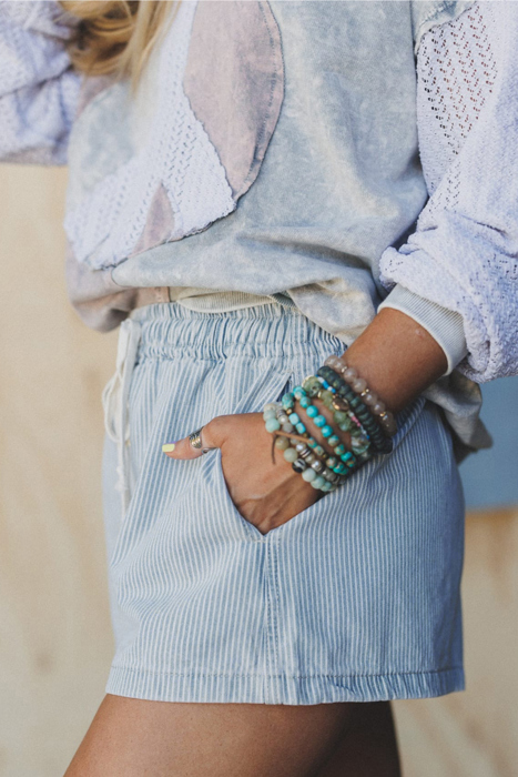 Striped Drawstring Elastic Waist Denim Shorts | S-XL