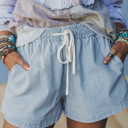  Striped Drawstring Elastic Waist Denim Shorts | S-XL