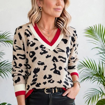 Leopard Print V-Neck Ribbed Sweater | S-XL
