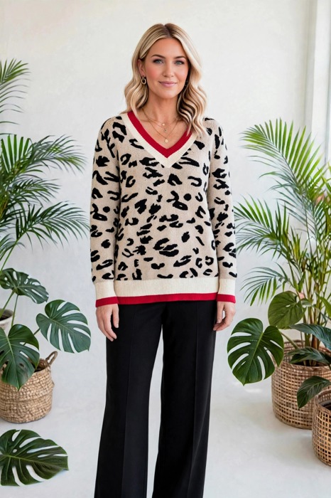 Leopard Print V-Neck Ribbed Sweater | S-XL