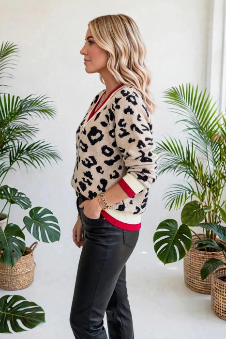 Leopard Print V-Neck Ribbed Sweater | S-XL
