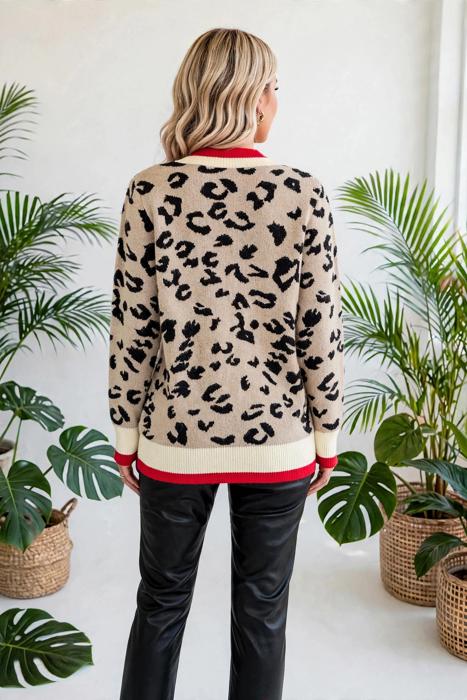 Leopard Print V-Neck Ribbed Sweater | S-XL