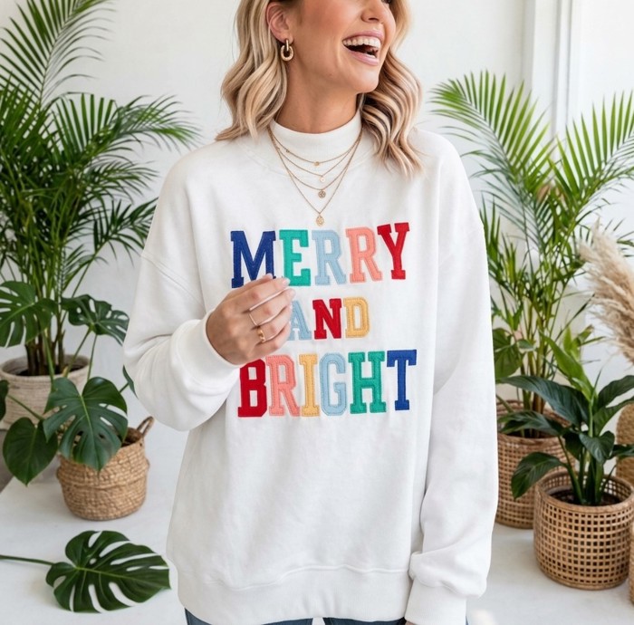 MERRY AND BRIGHT Cozy Letter Sweatshirt | S-XL