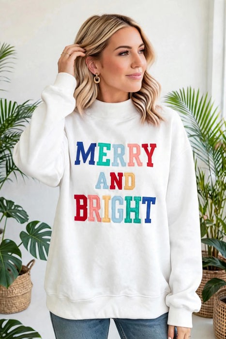 MERRY AND BRIGHT Cozy Letter Sweatshirt | S-XL