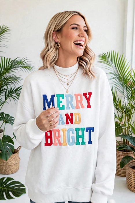 MERRY AND BRIGHT Cozy Letter Sweatshirt | S-XL