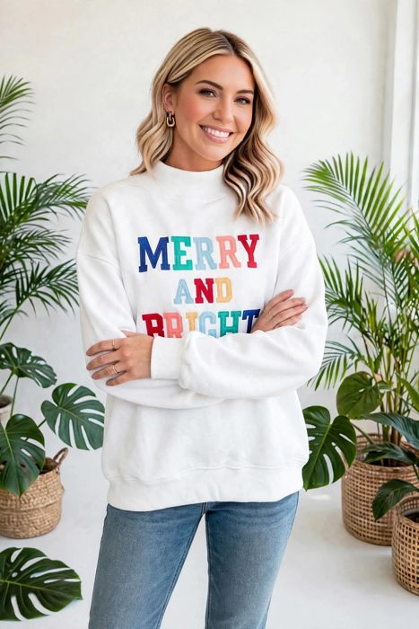 MERRY AND BRIGHT Cozy Letter Sweatshirt | S-XL