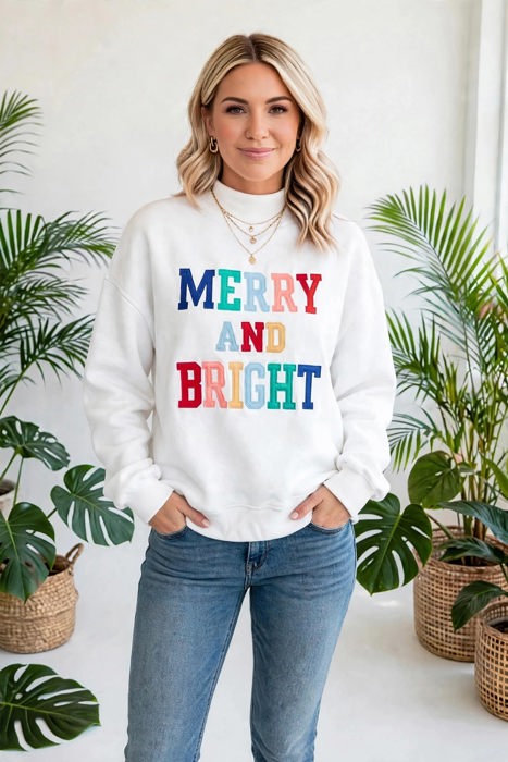 MERRY AND BRIGHT Cozy Letter Sweatshirt | S-XL