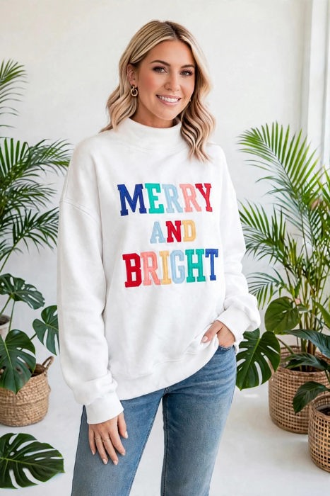 MERRY AND BRIGHT Cozy Letter Sweatshirt | S-XL