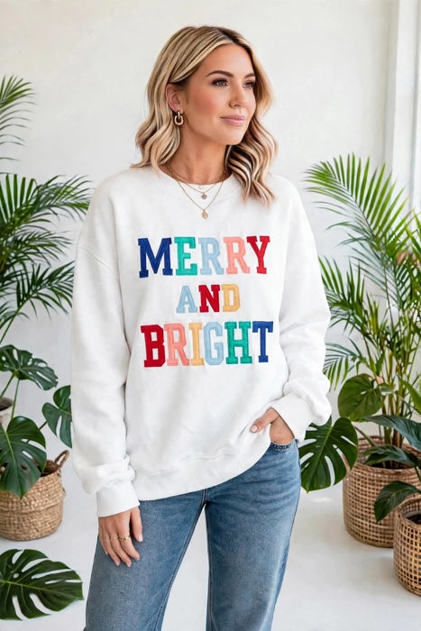 MERRY AND BRIGHT Cozy Letter Sweatshirt | S-XL