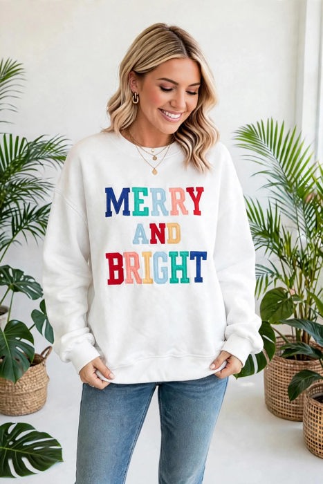 MERRY AND BRIGHT Cozy Letter Sweatshirt | S-XL