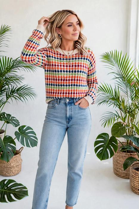 Polka Dot Striped Drop-Shoulder Sweater | S-XL