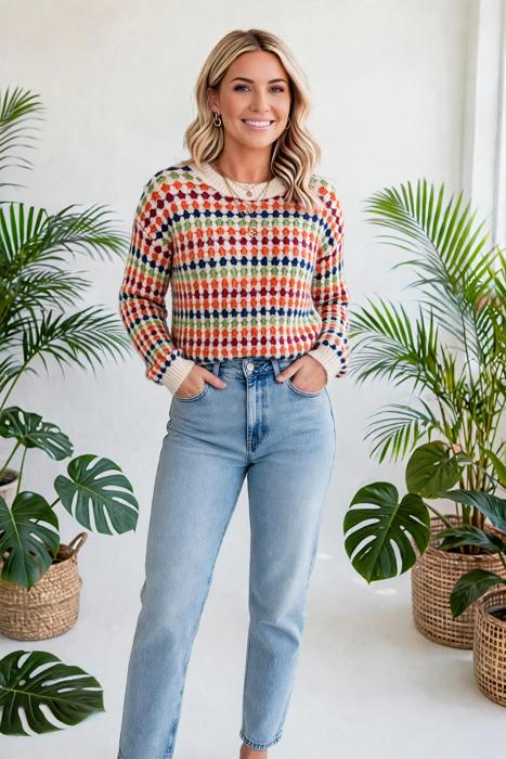 Polka Dot Striped Drop-Shoulder Sweater | S-XL