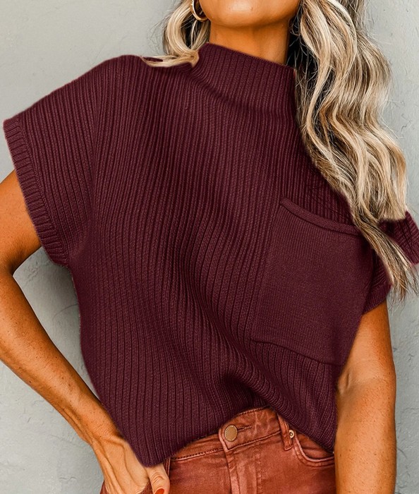 Pocket Ribbed Knit Short Sleeve Sweater | S-XL