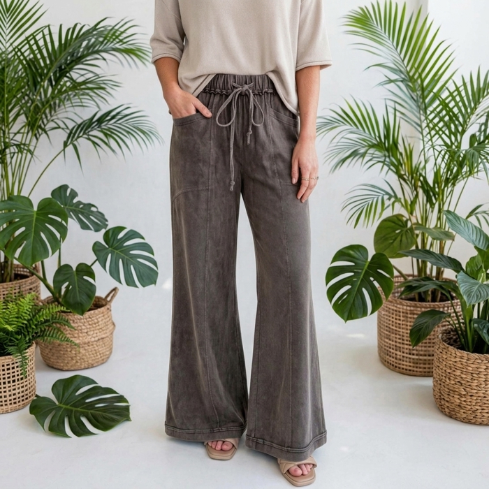 Washed Seam Drawstring Leg Flare Pants | S-XL