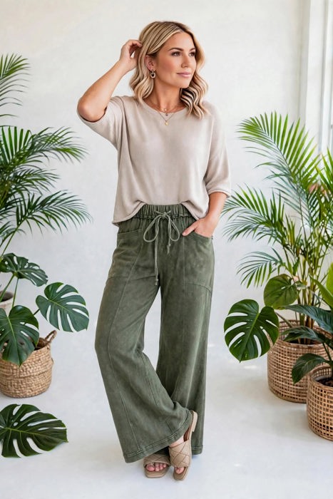 Washed Seam Drawstring Leg Flare Pants | S-XL