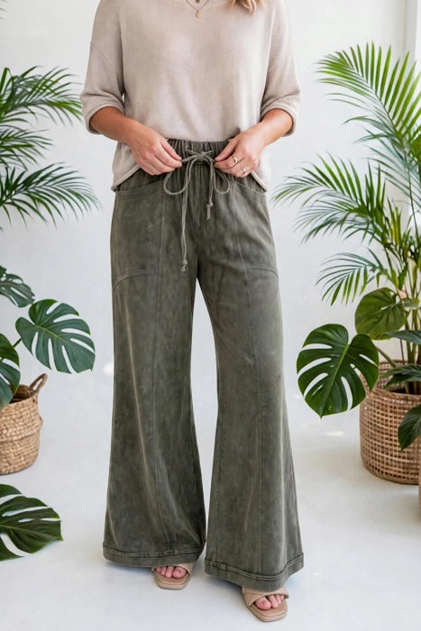Washed Seam Drawstring Leg Flare Pants | S-XL