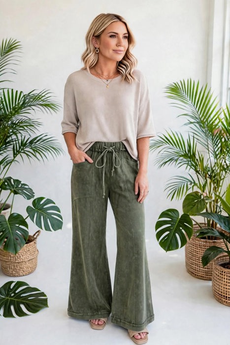 Washed Seam Drawstring Leg Flare Pants | S-XL