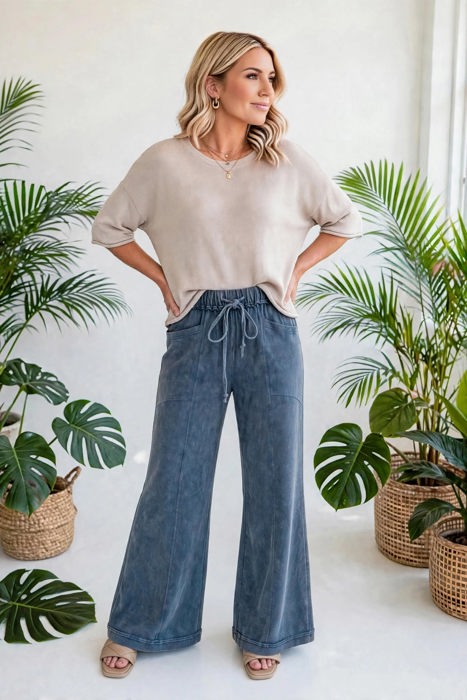 Washed Seam Drawstring Leg Flare Pants | S-XL