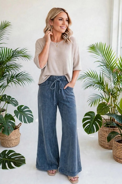 Washed Seam Drawstring Leg Flare Pants | S-XL
