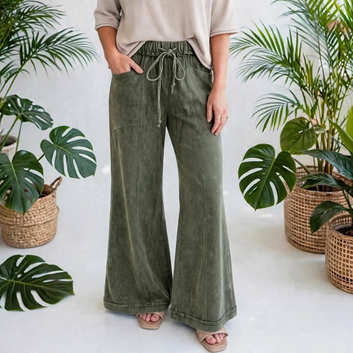 Washed Seam Drawstring Leg Flare Pants | S-XL