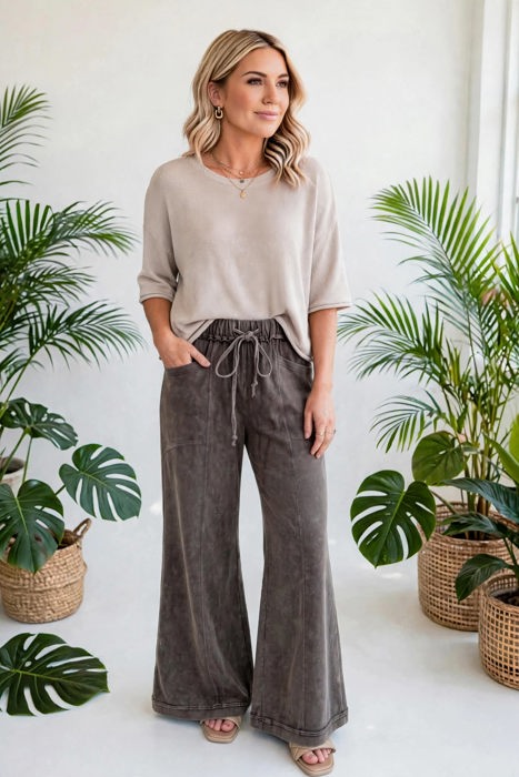 Washed Seam Drawstring Leg Flare Pants | S-XL
