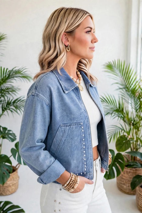 Blue Belle Studded Zipper Denim Jacket | S-XL