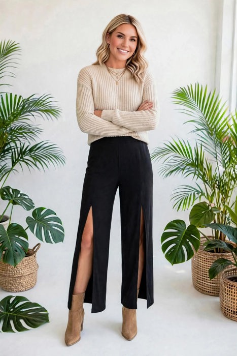 Open Leg Mid Waist Pants | S-XL
