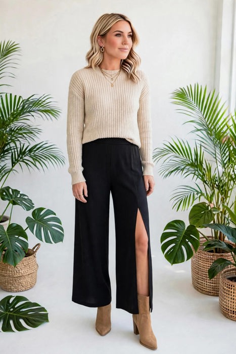 Open Leg Mid Waist Pants | S-XL