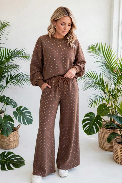 Polka Chic Drawstring Wide-Leg Lounge Set | S-XL