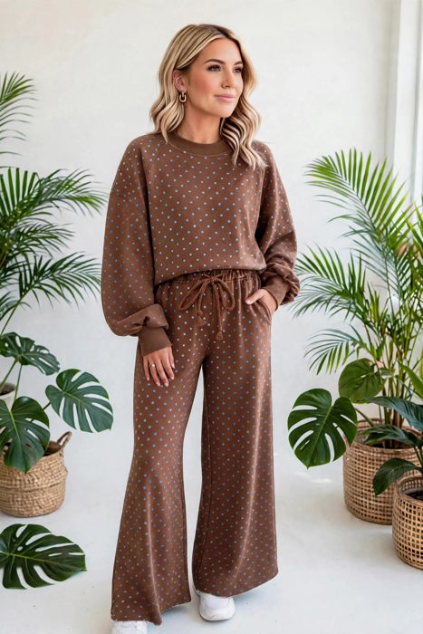 Polka Chic Drawstring Wide-Leg Lounge Set | S-XL
