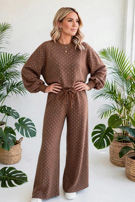 Polka Chic Drawstring Wide-Leg Lounge Set | S-XL