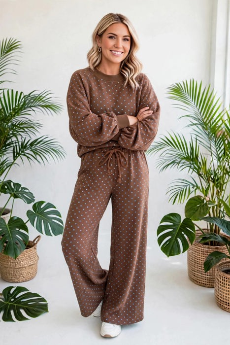 Polka Chic Drawstring Wide-Leg Lounge Set | S-XL