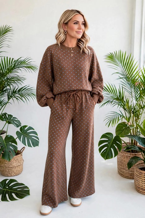 Polka Chic Drawstring Wide-Leg Lounge Set | S-XL