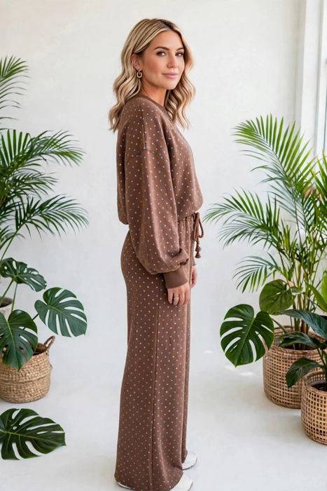 Polka Chic Drawstring Wide-Leg Lounge Set | S-XL