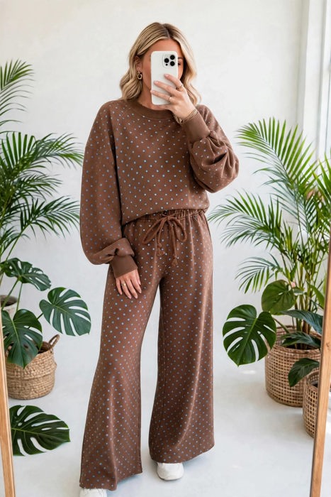 Polka Chic Drawstring Wide-Leg Lounge Set | S-XL