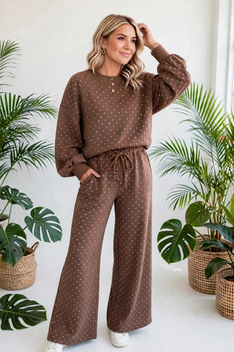 Polka Chic Drawstring Wide-Leg Lounge Set | S-XL