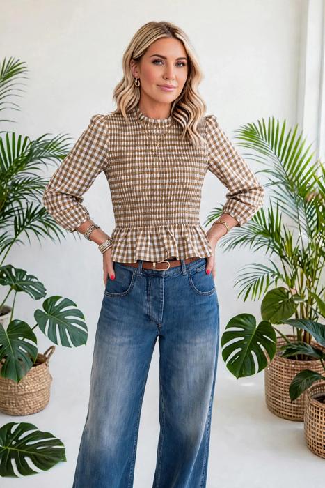 Sweetheart Shirred Plaid Peplum Top | S-XL